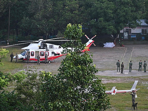 Nepali soldiers prepare helicopters for morning rescue sorties at Trishuli in Nepal's Nuwakot district.