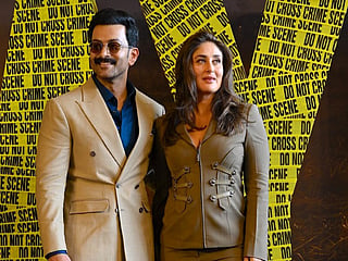 Bollywood actors Prithviraj Sukumaran and Kareena Kapoor attend the trailer launch of their upcoming Hindi-language film 'Daayra’ in Mumbai on August 31, 2026.