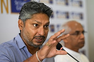 Sri Lanka Cricket Transformation Committee member Kumar Sangakkara addresses a press conference at the Sri Lanka Cricket Board office in Colombo on August 31, 2026.