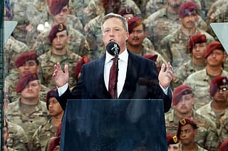 US Army Secretary Dan Driscoll speaks at the America 250 celebration at Fort Bragg in Fayetteville, North Carolina. 