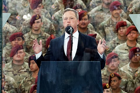 US Army Secretary Dan Driscoll speaks at the America 250 celebration at Fort Bragg in Fayetteville, North Carolina. 