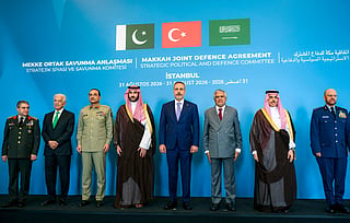 Chief of the Turkish General Staff General Selcuk Bayraktaroglu, Pakistan's Defence Minister Khawaja Asif, Pakistani Army Chief Field Marshal Asim Munir, Saudi Arabia's Defence Minister Khalid bin Salman, Turkey's Foreign Minister Hakan Fidan, Pakistan's Foreign Minister Ishaq Dar, Saudi Arabia's Foreign Minister Faisal bin Farhan and Chief of the General Staff of the Saudi Armed Forces General Fayyad al-Ruwaili attend the inaugural meeting of the Strategic Political and Defence Committee established under the Strategic Mutual Defense Agreement (SMDA) between the three countries, in Istanbul on August 31, 2026.