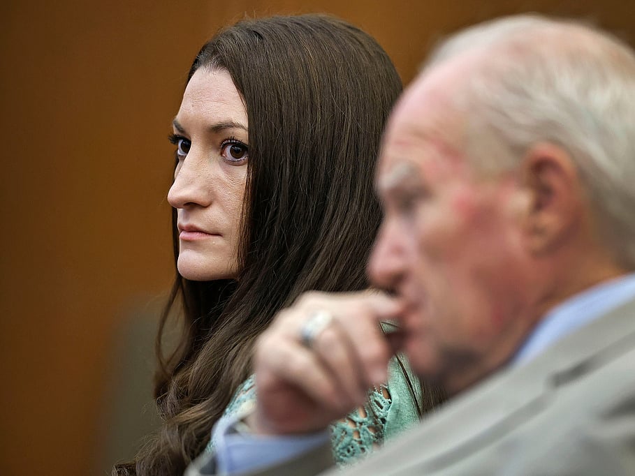 Lindsay Clancy watches jurors enter the courtroom for their second day of deliberations as defense attorney Kevin Reddington sits to her right at Plymouth Superior Court in Plymouth, Mass., Friday, Aug. 28, 2026. 