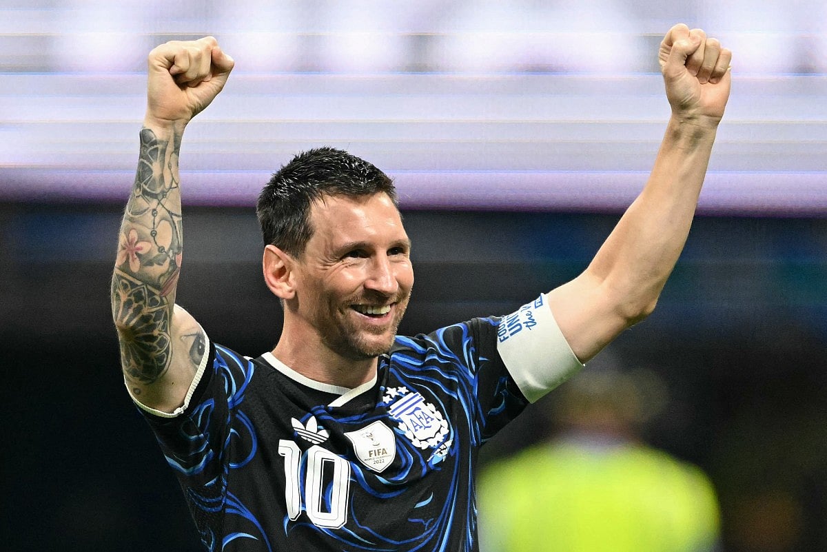 Argentina's forward #10 Lionel Messi celebrates after winning the 2026 World Cup football tournament semi-final match between England and Argentina at the Atlanta Stadium in Atlanta on July 15, 2026.
