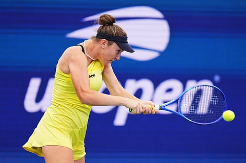 Linda Noskova, of the Czech Republic, returns the ball to Katie Volynets, of the United States, during the first round of the U.S. Open tennis championships, Monday, Aug. 31, 2026, in New York. (AP Photo/Kirsty Wigglesworth)