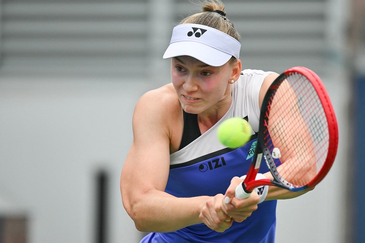 Kazakhstan's Elena Rybakina hits a return to USA's Thea Frodin during their women's singles first round tennis match on day three of the US Open tennis tournament at the USTA Billie Jean King National Tennis Center in New York City on September 1, 2026.