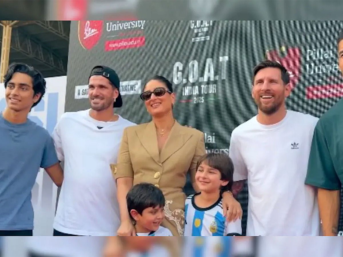 Kareena Kapoor Khan poses with Argentine football legend Lionel Messi during his G.O.A.T India Tour, joined by her sons Taimur Ali Khan and Jehangir Ali Khan.