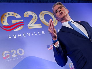 US Treasury Secretary Scott Bessent gestures, as finance ministers and central bank governors from G20 countries meet in Asheville, North Carolina.
