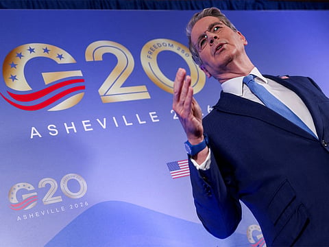 US Treasury Secretary Scott Bessent gestures, as finance ministers and central bank governors from G20 countries meet in Asheville, North Carolina.