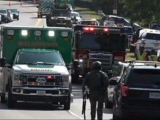 In this image from video provided by WHSV-TV, police respond to an emergency at an elementary school in Waynesboro, Va., on Wednesday, Sept. 2, 2026. 