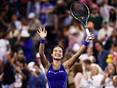 Philippines' Alexandra Eala celebrates defeating USA's Mary Stoiana during the women's singles first round tennis match on day three of the US Open 