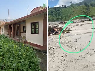 Before and after: The home Paribartan Nepal built after moving to the UAE in 2017, and the same site after the August 26 flash flood buried the house and swept away the farmland