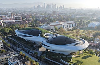 An aerial view of the new Lucas Museum of Narrative Art before a media preview of the 300,000 square foot structure in Exposition Park in Los Angeles, California.