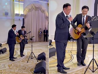Screengrabs show Asean leaders, Thai Prime Minister Anutin Charnvirakul (left) singing The Beatles’ “Let It Be” and Bob Dylan’s “Blowin’ in the Wind,” while Singaporean Prime Minister Lawrence Wong provided the acoustic guitar accompaniment.


