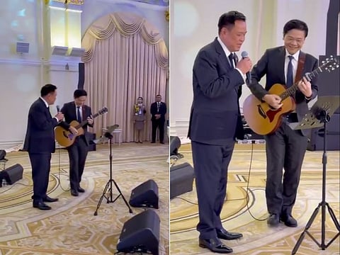 Screengrabs show Asean leaders, Thai Prime Minister Anutin Charnvirakul (left) singing The Beatles’ “Let It Be” and Bob Dylan’s “Blowin’ in the Wind,” while Singaporean Prime Minister Lawrence Wong provided the acoustic guitar accompaniment.

