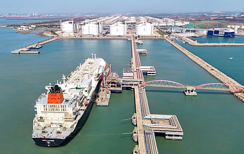 Gigira Laitebo tanker (L) unloads Liquefied Natural Gas (LNG) for Chinese state-owned oil and gas enterprise Sinopec, China Petroleum and Chemical Corporation in Qingdao, China's eastern Shandong province on September 3, 2026.
