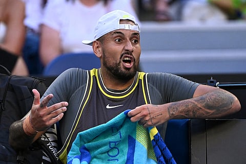 Australia's Nick Kyrgios reacts between points against Britain's Jacob Fearnley during their men's singles match on day two of the Australian Open tennis tournament in Melbourne on January 13, 2025.