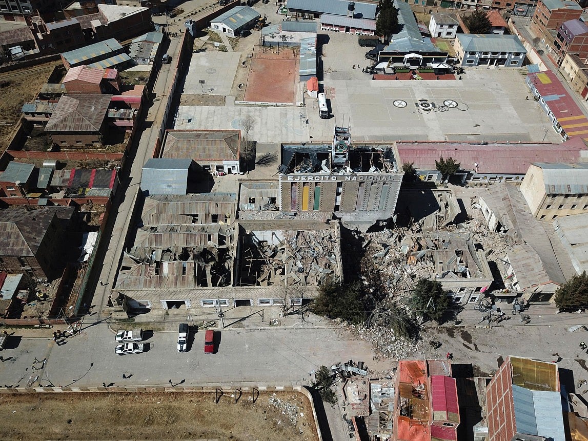 This aerial view show the army barracks after an explosion on the eve, in Viacha, Bolivia, on September 5, 2026.