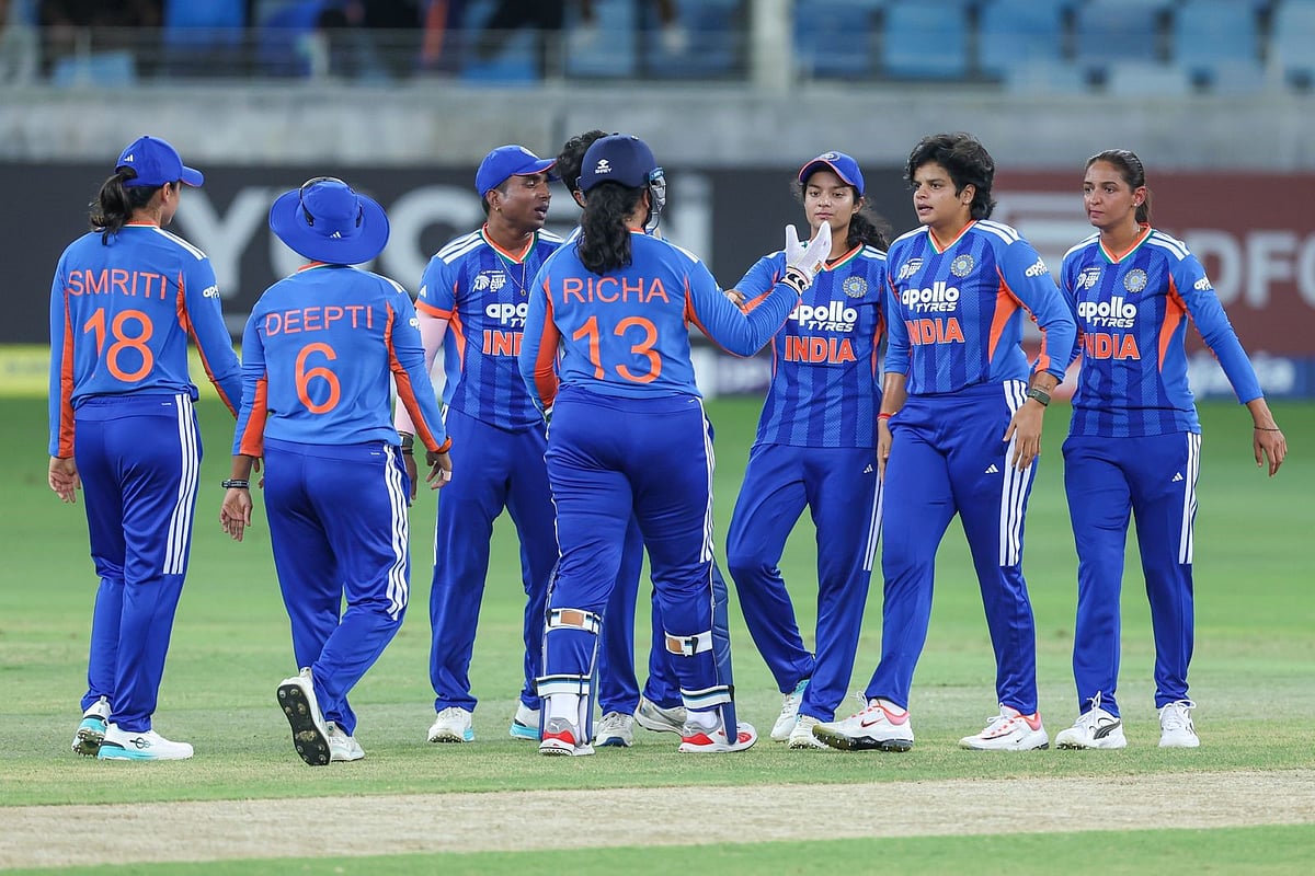 India Women team celebrate a wicket during their match against Pakistan at the Dubai International Cricket Stadium on Saturday.