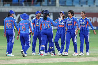 India Women team celebrate a wicket during their match against Pakistan at the Dubai International Cricket Stadium on Saturday.