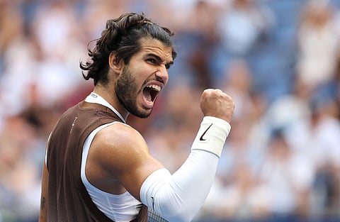 Carlos Alcaraz of Spain reacts in his match against Yibing Wu of China during their Men's Singles Third Round match on Day Six of the 2026 US Open at USTA Billie Jean King National Tennis Center on September 04, 2026 in the Flushing neighborhood of the Queens borough of New York City.
