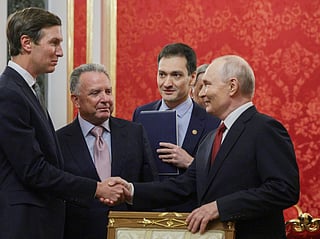 Russia's President Vladimir Putin (R) welcomes US special envoy Steve Witkoff (2nd L) and US President Donald Trump's son-in-law Jared Kushner (L) prior to their talks in Moscow on September 5, 2026.