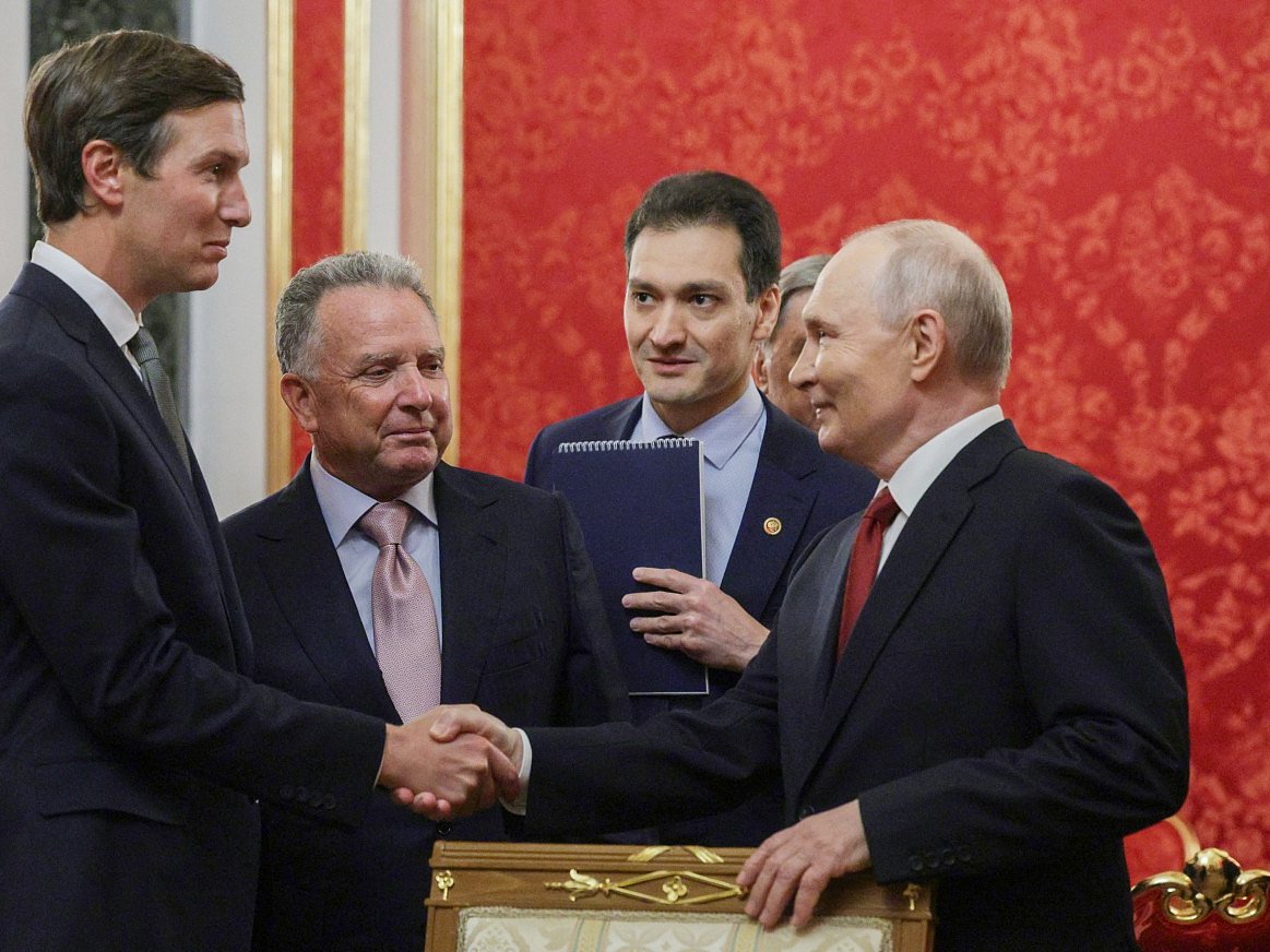 Russia's President Vladimir Putin (R) welcomes US special envoy Steve Witkoff (2nd L) and US President Donald Trump's son-in-law Jared Kushner (L) prior to their talks in Moscow on September 5, 2026.
