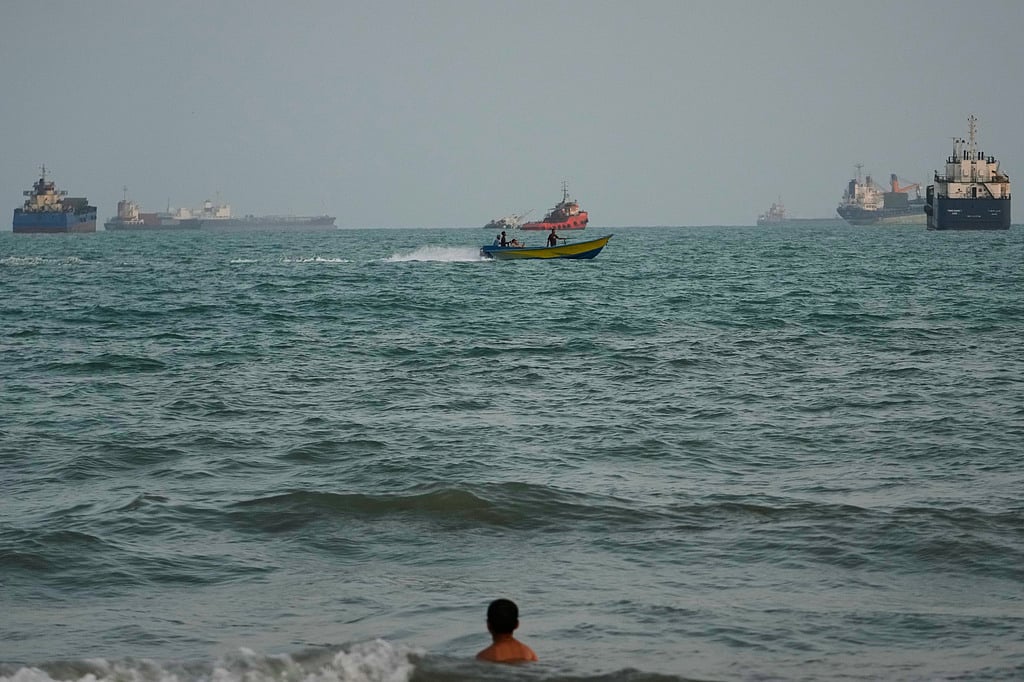 Commercial vessels anchored in the Strait of Hormuz off Bandar Abbas, Iran, Friday, Sept. 4, 2026. 