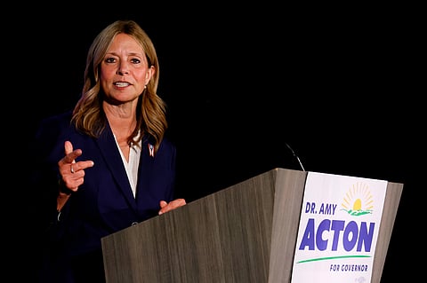 FILE - Democratic gubernatorial candidate Dr. Amy Acton speaks at a primary election night campaign event after winning the party's nomination for governor on May 5, 2026, in Columbus, Ohio. (AP Photo/Jay LaPrete, File)
