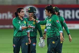Pakistan captain Fatima Sana celebrate after taking the wicket of Indian batsman Smriti Mandhana during the Women's Asia Cup match at Dubai International cricket stadium on Saturday. Photo: Virendra Saklani/Gulf News