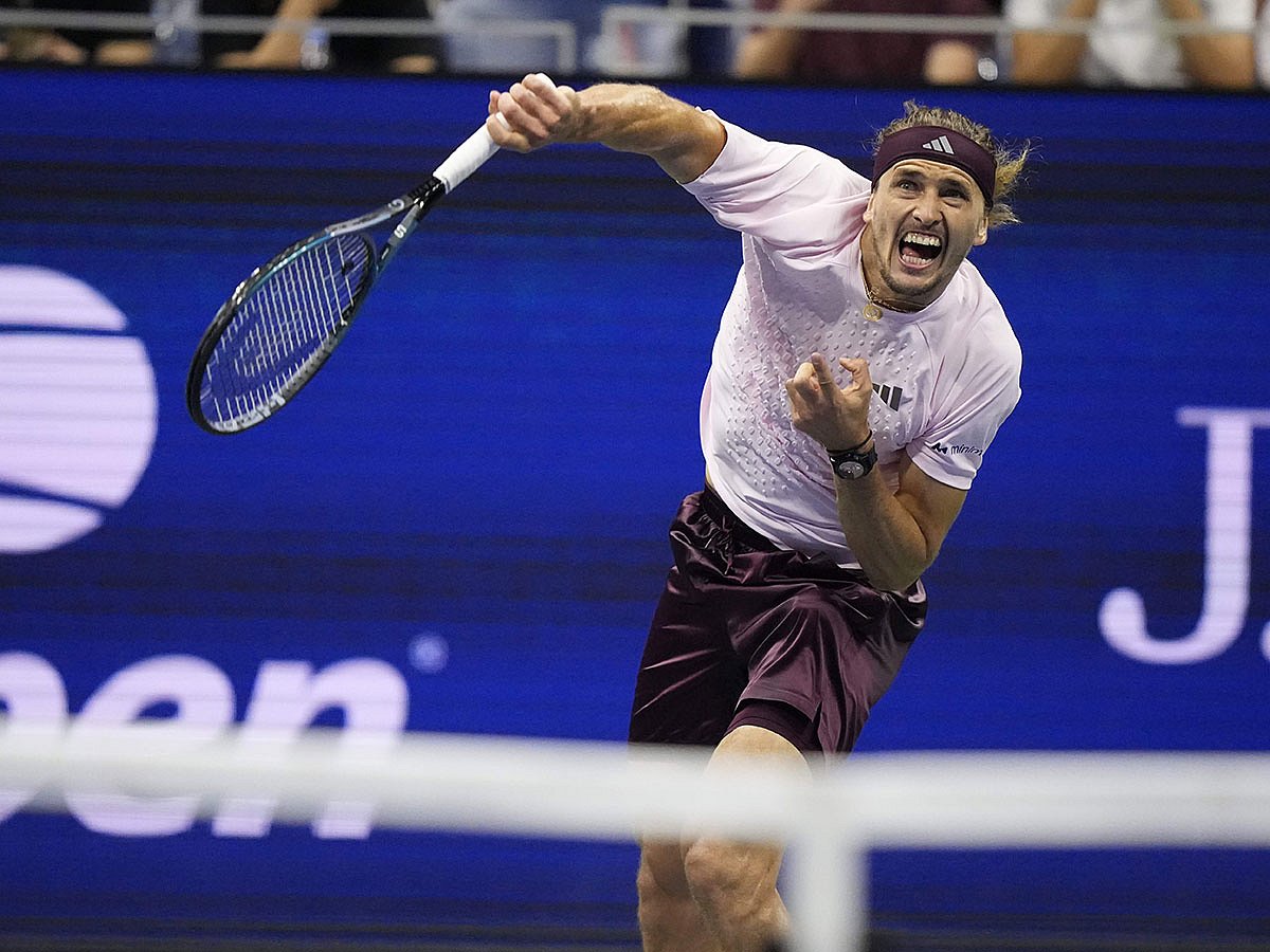 Alexander Zverev, of Germany, serves to Alejandro Tabilo, of Chile, during the third round of the U.S. Open tennis championships.