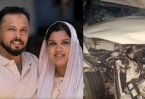 Muneer and Shifna, who were killed with their three-year-old son in a Thrissur road crash on Saturday night (left); the mangled car in which eight engineering students died in a separate crash in the district a night earlier.