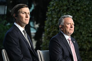 US Special Envoy Steve Witkoff (R) and US President Donald Trump's son-in-law Jared Kushner (L) attend a joint press conference with Ukrainian president following their talks in Kyiv on September 6, 2026, amid the Russian invasion of Ukraine.