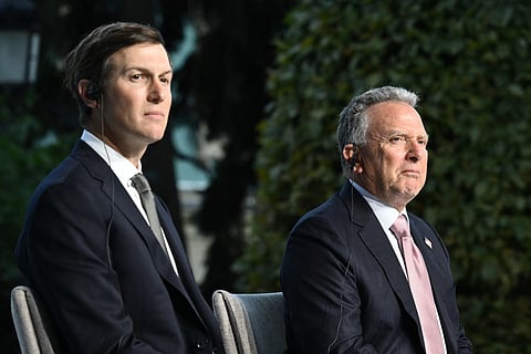 US Special Envoy Steve Witkoff (R) and US President Donald Trump's son-in-law Jared Kushner (L) attend a joint press conference with Ukrainian president following their talks in Kyiv on September 6, 2026, amid the Russian invasion of Ukraine.