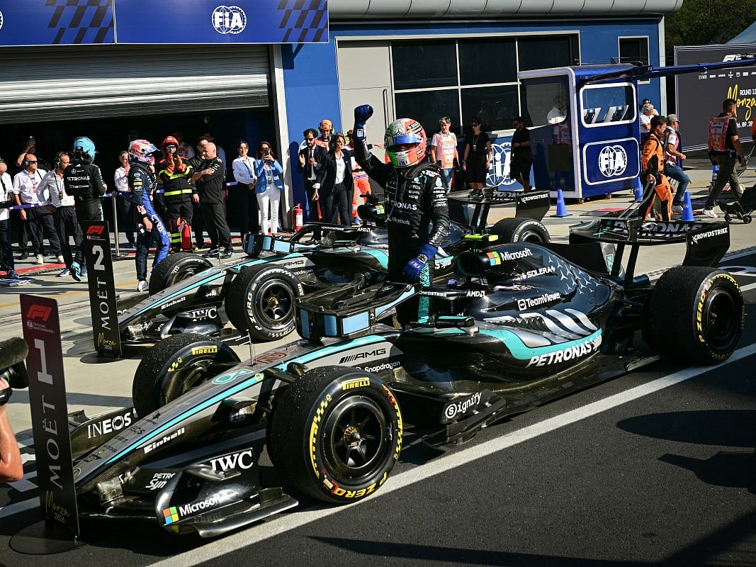 Mercedes' Italian driver Kimi Antonelli celebrates after winning the Italian Formula One Grand Prix at the Autodromo Nazionale Monza circuit in Monza, northern Italy on September 6, 2026.