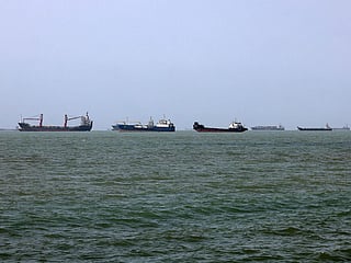 Vessels transit the Strait of Hormuz off Bandar Abbas in southern Iran.