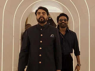 Mammootty and Dhanush share the frame in a still from the upcoming Tamil film ‘Om – Chapter 1: Udhiram – The Blood Wood’.