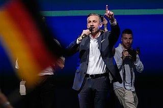Top candidate Ulrich Siegmund speaks at an election party of the "Alternative for Germany" (AfD) after the Saxony-Anhalt state elections in Magdeburg, eastern Germany, Sunday, Sept. 6, 2026. 
