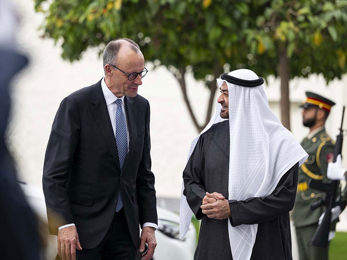 President His Highness Sheikh Mohamed bin Zayed Al Nahyan with German Chancellor Friedrich Merz during a visit to the UAE in February 2026.