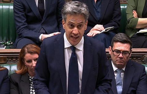 Britain's Foreign Secretary Ed Miliband delivers a speech on an import ban of goods from illegal settlements in occupied Palestinian territories.