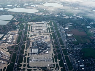 Heathrow Airport is seen from an airplane, Oct. 6, 2025, in London. 