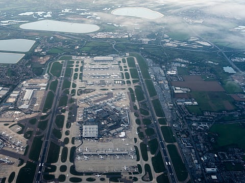 Heathrow Airport is seen from an airplane, Oct. 6, 2025, in London. 