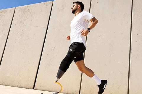 Former Israeli soldier Shalev Biton runs with a prosthetic leg in an Adidas campaign.