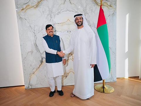 Chief Minister of Madhya Pradesh, Dr Mohan Yadav greets Abdulla Bin Touq Al Marri, Minister of Economy and Tourism