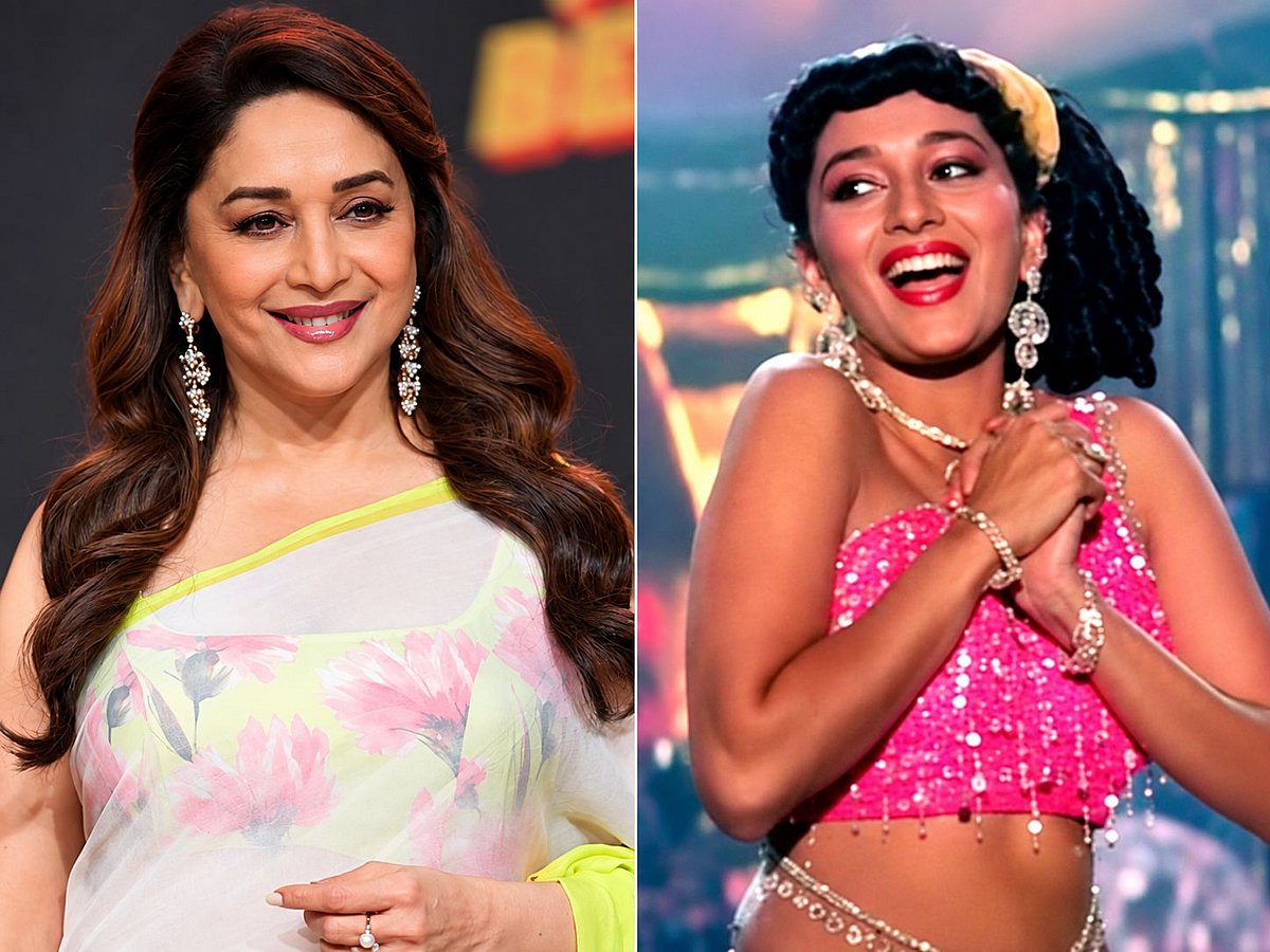 Madhuri Dixit in a recent photograph and in a still from her iconic ‘Ek Do Teen’ song in Tezaab (1988).