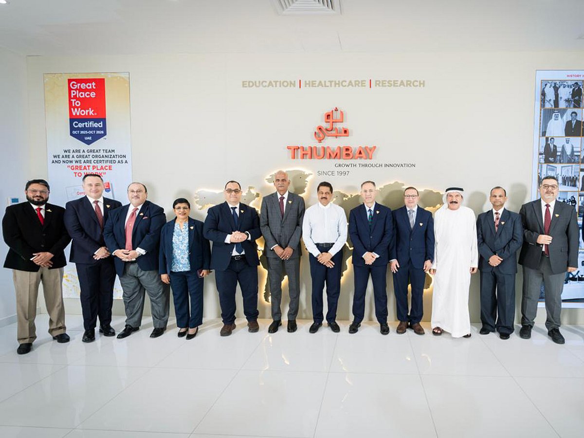 Dr Thumbay Moideen, Founder President of Thumbay Group, with the heads of Gulf Medical University’s constituent colleges at the commencement of the 2026–2027 academic year.
