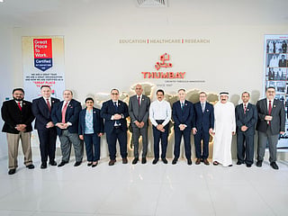 Dr Thumbay Moideen, Founder President of Thumbay Group, with the heads of Gulf Medical University’s constituent colleges at the commencement of the 2026–2027 academic year.