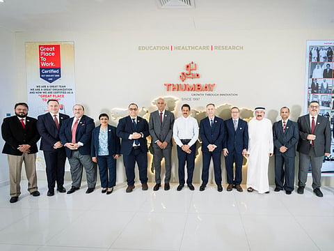 Dr Thumbay Moideen, Founder President of Thumbay Group, with the heads of Gulf Medical University’s constituent colleges at the commencement of the 2026–2027 academic year.