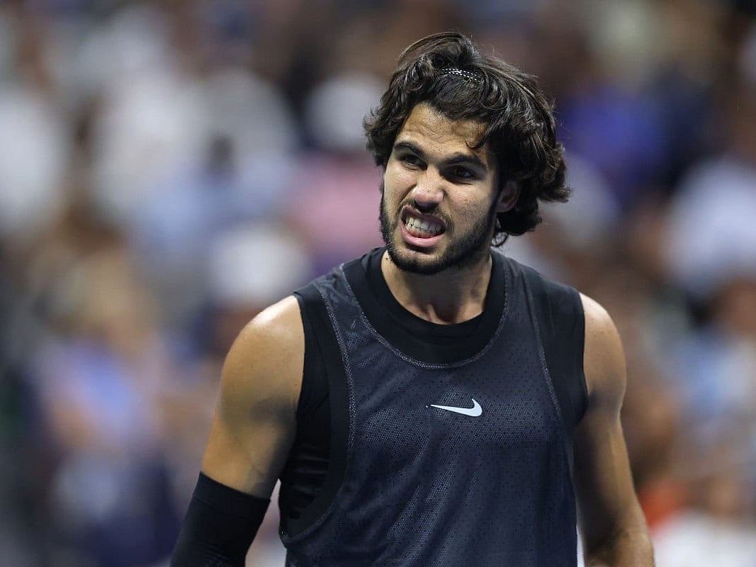 Carlos Alcaraz of Spain reacts against Ben Shelton of the United States during their Men's Singles Quarterfinal match on Day Ten of the 2026 US Open at USTA Billie Jean King National Tennis Center on September 08, 2026 in the Flushing neighborhood of the Queens borough of New York City.