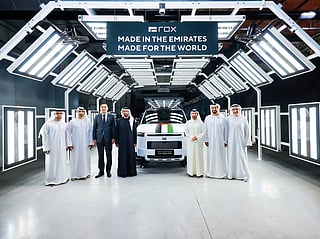 Sheikh Nahyan bin Zayed Al Nahyan and Jarvis, Founder and CEO of ROX, pictured with other senior representatives at the roll-off of the first UAE-made ROX ADAMAS at ROX’s Advanced AI Manufacturing Centre in Abu Dhabi